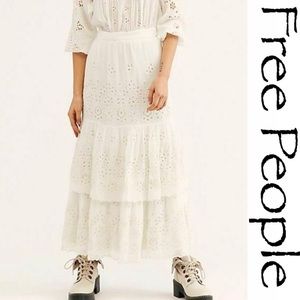 NEW FREE PEOPLE White Eyelet Tiered Midi Skirt